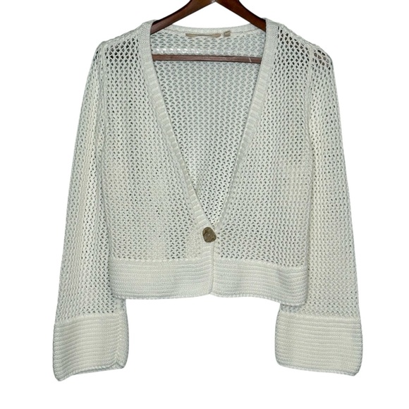 Soft Surroundings Open Knit Cropped Cardi Cardigan Size M White One-Button Front - Picture 4 of 10